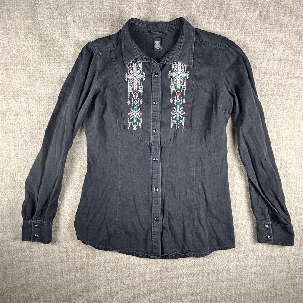 Wrangler‎ Retro Women's Black Denim Long Sleeve Button-Up Shirt Size M